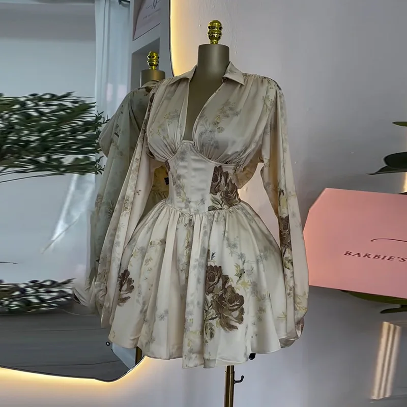 

Flower Print Dresses Women Temperament Elegant V-neck Lantern Sleeve Mini Pleated Dress Fashion Sexy Backless Short Vestidos New