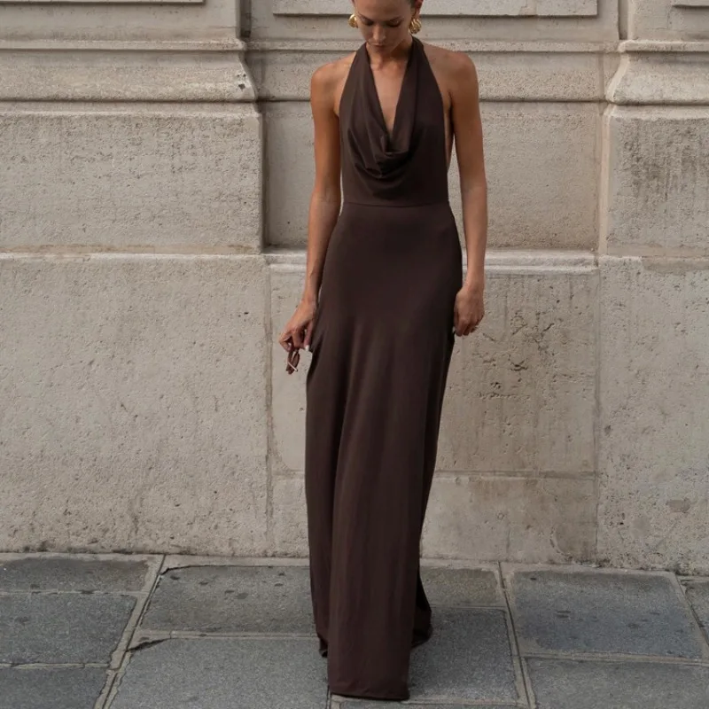 

Tuularose Sexy Backless Long Dress Women's Brown Vintage Halter Back Party Evening Gown Sleeveless Slim High Waist Dress Robe