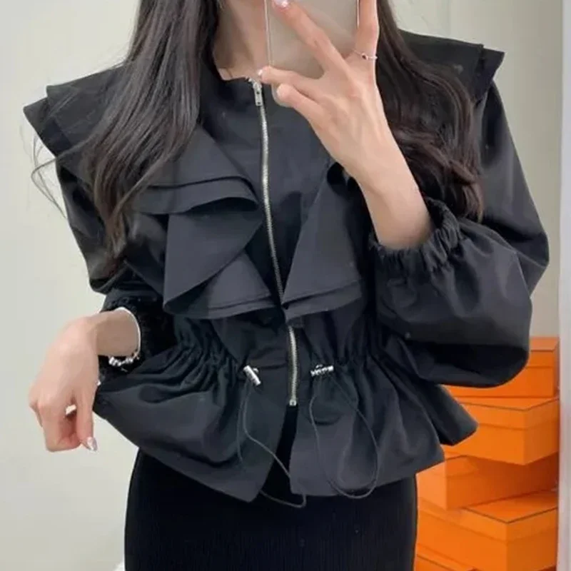 Women's French Retro Patchwork Long Sleeve Drawstring Trench Coat Chic Outerwear Waist Black Ruffle Pleated Jacket Tops Y2k A562