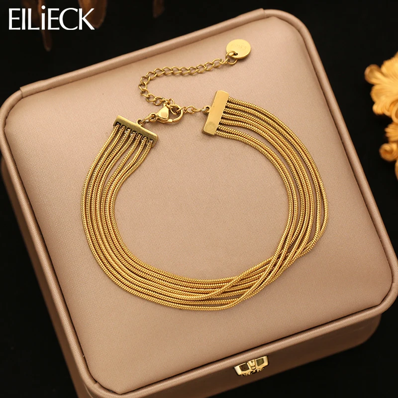 EILIECK Women's Trendy Multi-layer Hand Chain Bracelet 18K Gold Plated Stainless Steel Water-Resistant Classical Jewelry Gift