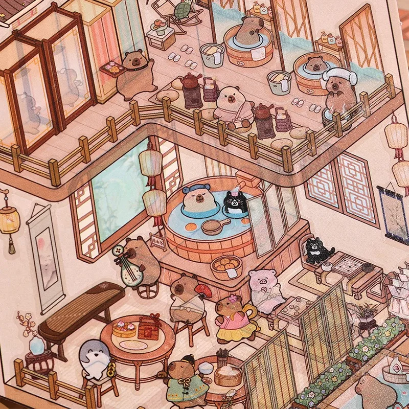 Cartoon Capybara Landscape Sticker 3D Miniature Scene DIY Pocket Cabin Scene Stacking Pasting Sticker for Kid Child Student Gift