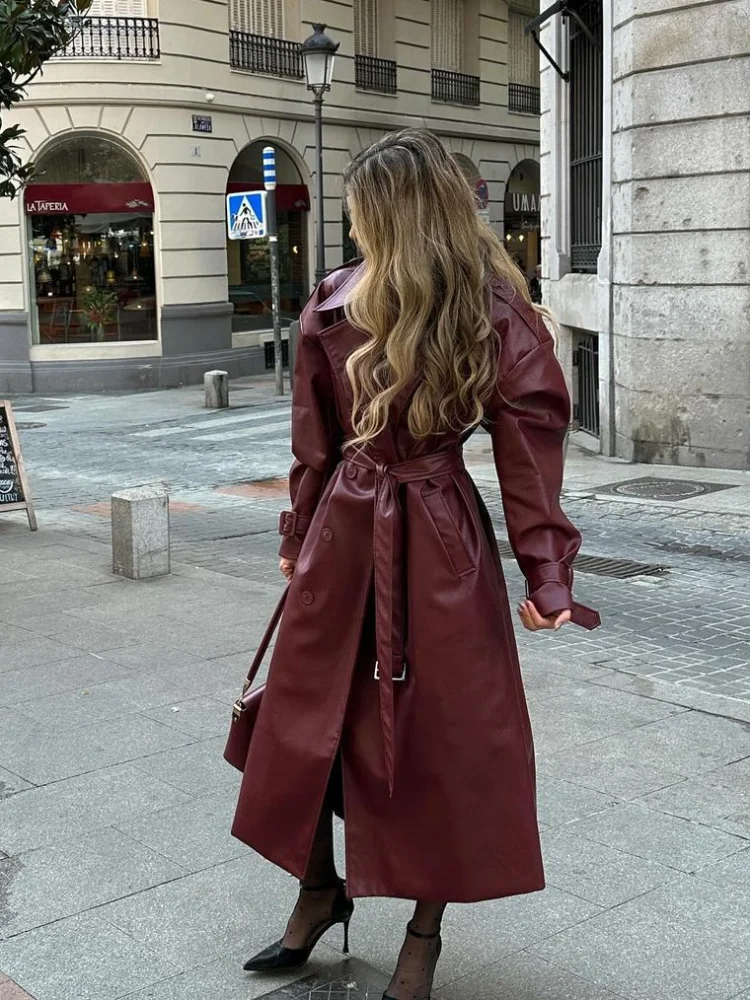 2024 Chic Burgundy Lace Up Oversized Leather Long Coats Women\'s Elegant Double Breasted Luxury Solid Jackets Lady Chic Outerwear