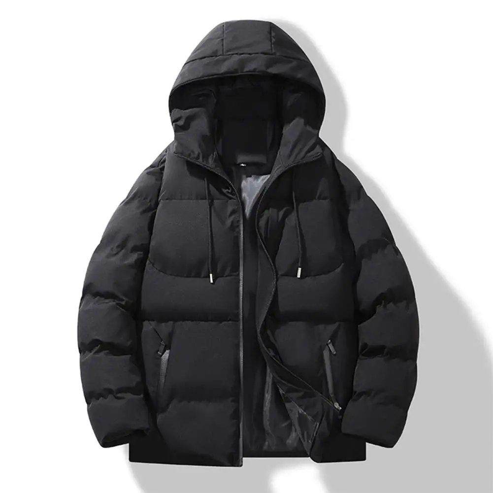 Solid Color Hooded Jacket Premium Winter Men's Cotton Coat Thickened Padded Zip Up with Zipper Pockets Warm Solid Color Long