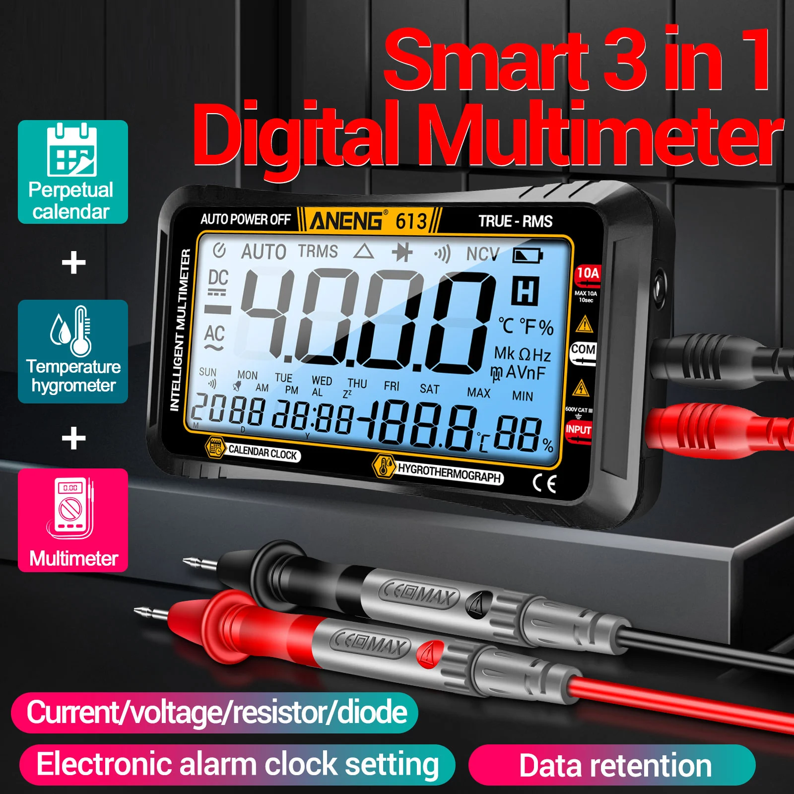 ANENG 613 3 in 1 Smart Multimeter Perpetual Calendar Temperature Hygrometer 4000 Counts Digital AC/DC Curent Voltage
