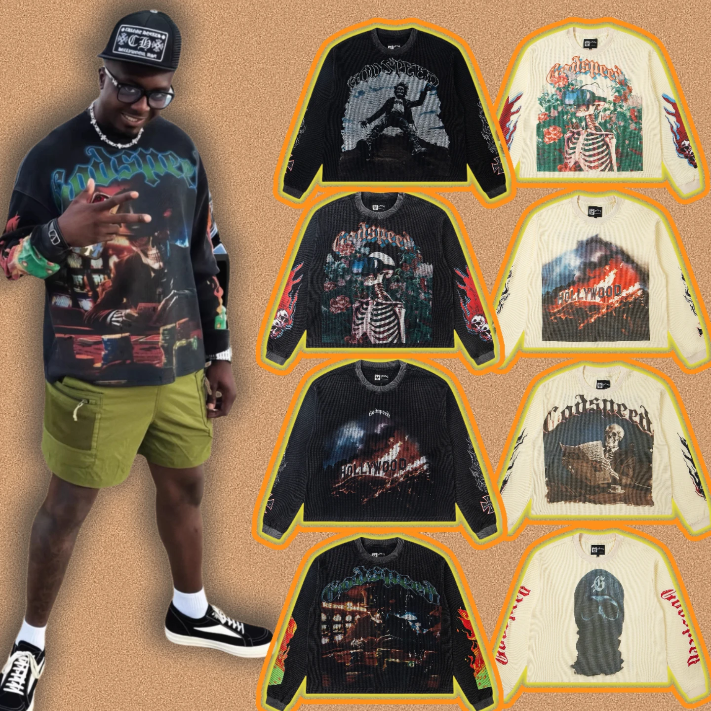 

Godspeed American High Street Retro Waed Hip Hop Wfle Fabric Long Sve T-irt Tee Vintage Sle Printed Cotton Top