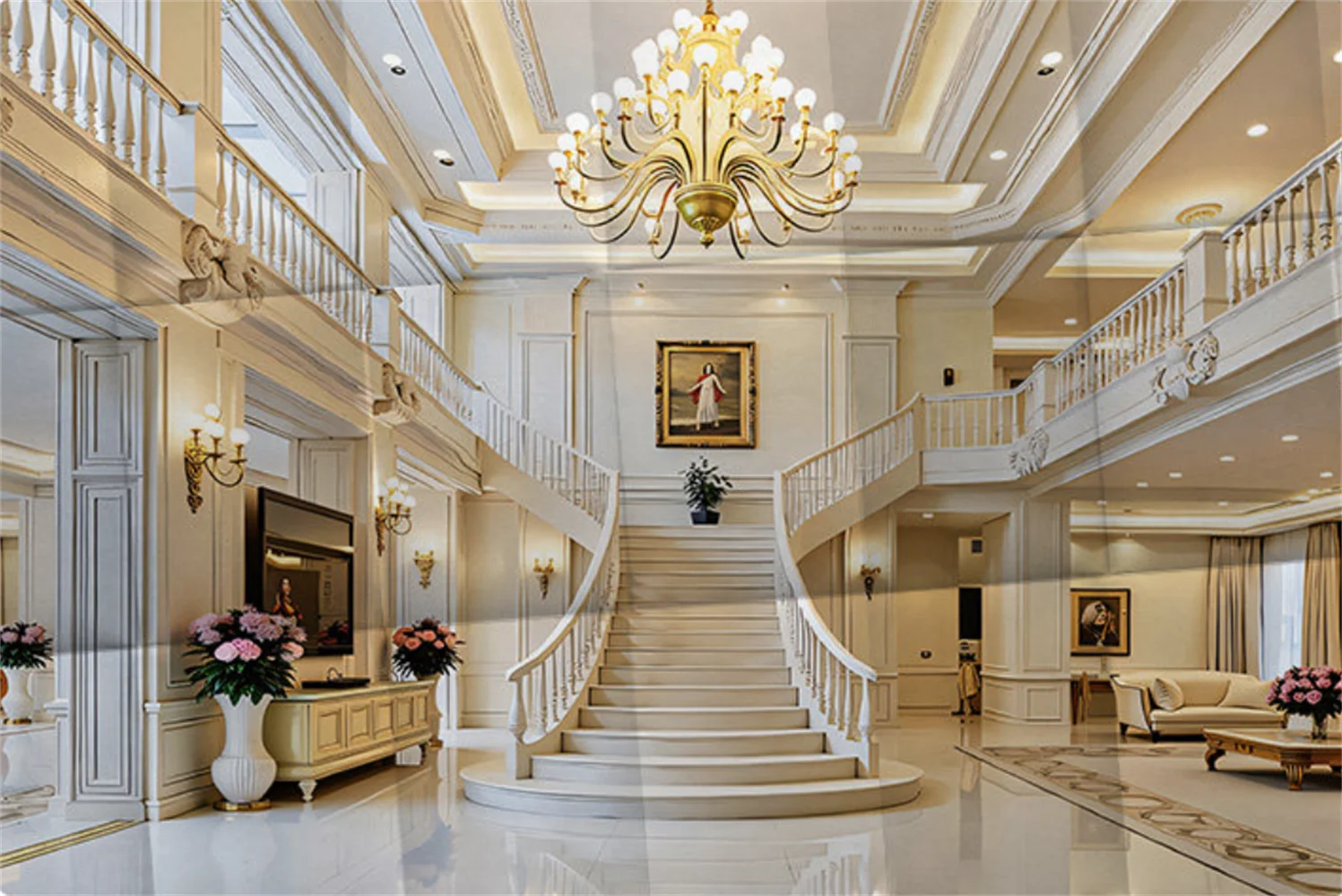 European style villa staircase wallpaper 3D customized new background wall French light luxury style rotating staircase mural