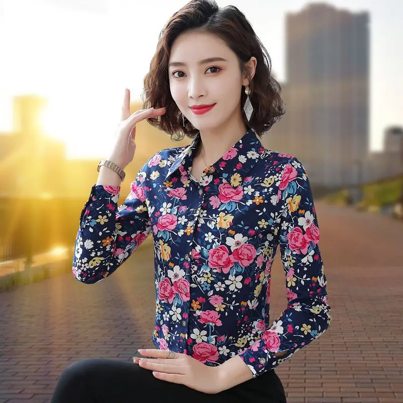 Vintage Printed Button Asymmetrical Shirt Women\'s Clothing 2023 Autumn Winter Oversized Loose Elegant Tops Office Lady Blouse