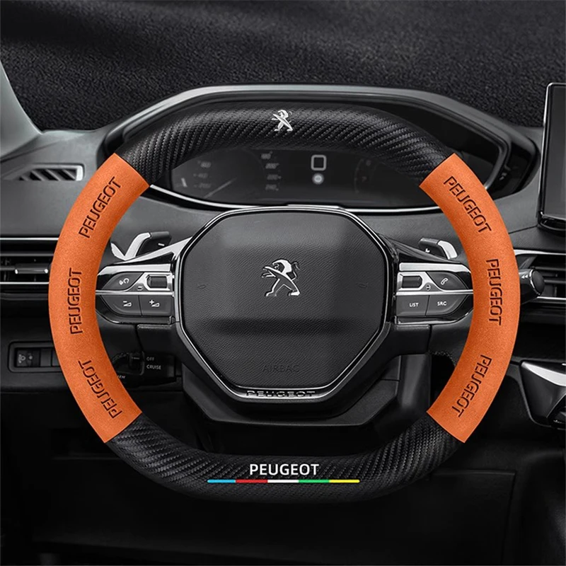 Car Interior Accessories Leather Carbon Fiber Steering Wheel Cover Non-slip For Peugeot 408 4008 308 3008 Rifter 5008 508 2008