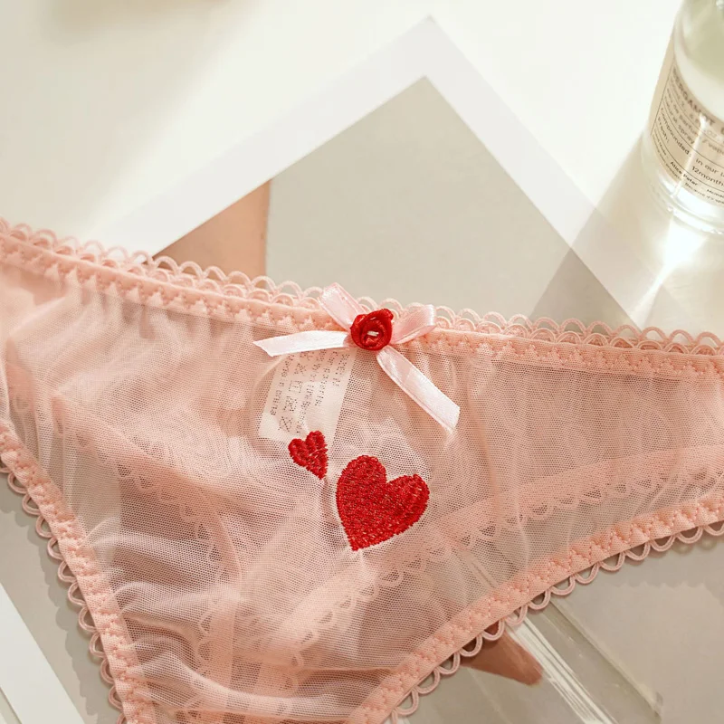 Meet\'r Women Sexy Lace Lingerie Temptation Low-waist Panties Heart Ins Embroidery Transparent Thong Seamless Sweet Underwear