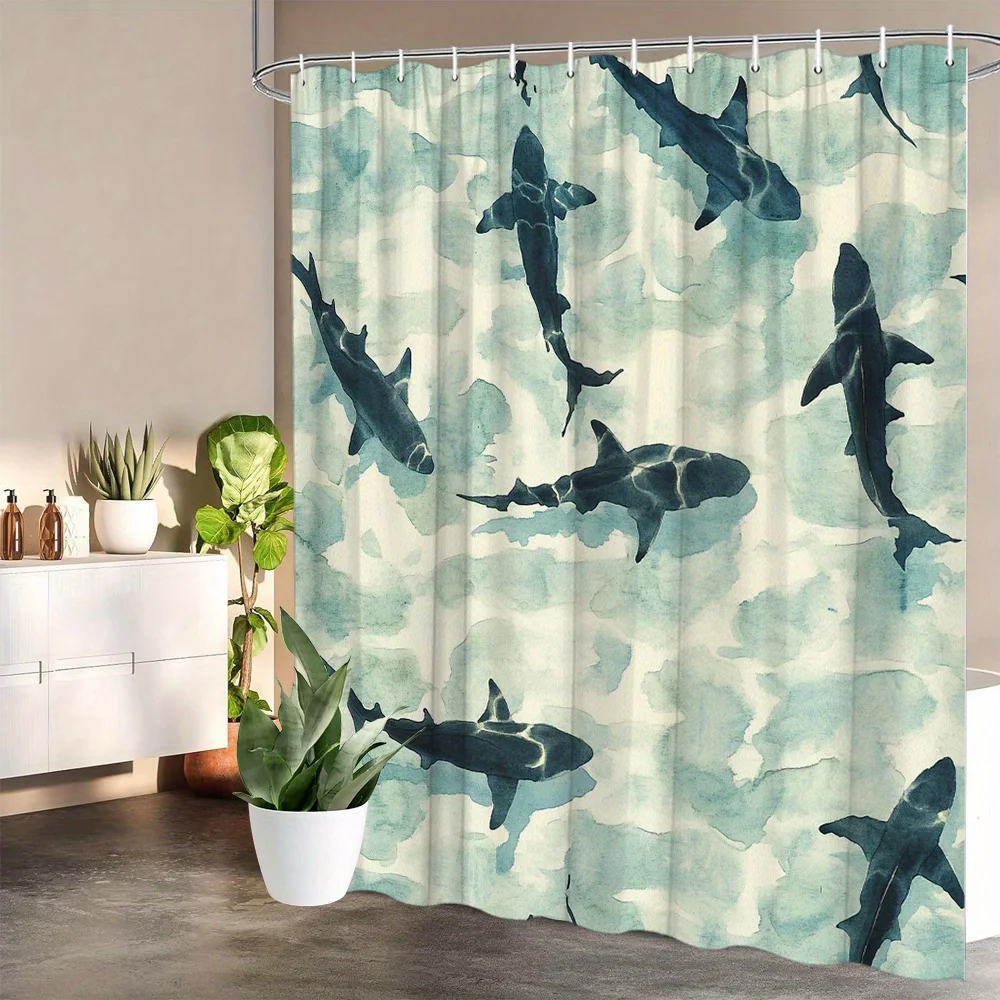 Shark Watercolor Shower Curtain 1pc – Swimming Sharks in Turquoise Ocean, Marine Art Bath Curtain for Bold Home Decor