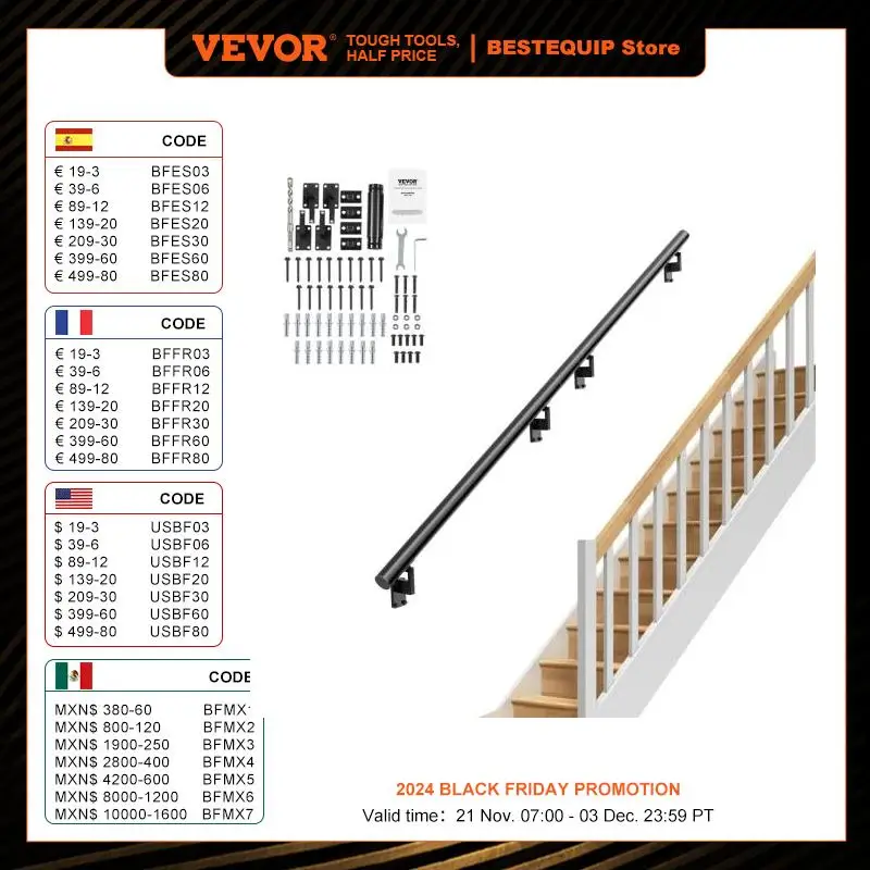 VEVOR 4/5/7/12 ft Handrail Stair Railing 440 LBS Wall Mount Stairway Hand Rail with Installation Kit for Indoor Outdoor Stairs