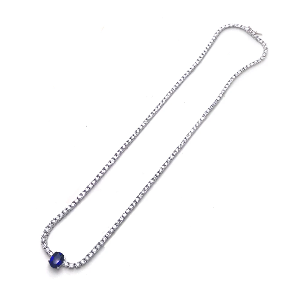 CSJ Real 925 Sterling Silver Tennis Chain Necklace 16/18 Inch Setting Pave Sparkly Zircon 2mm Sapphire for Women Jewelry Gift