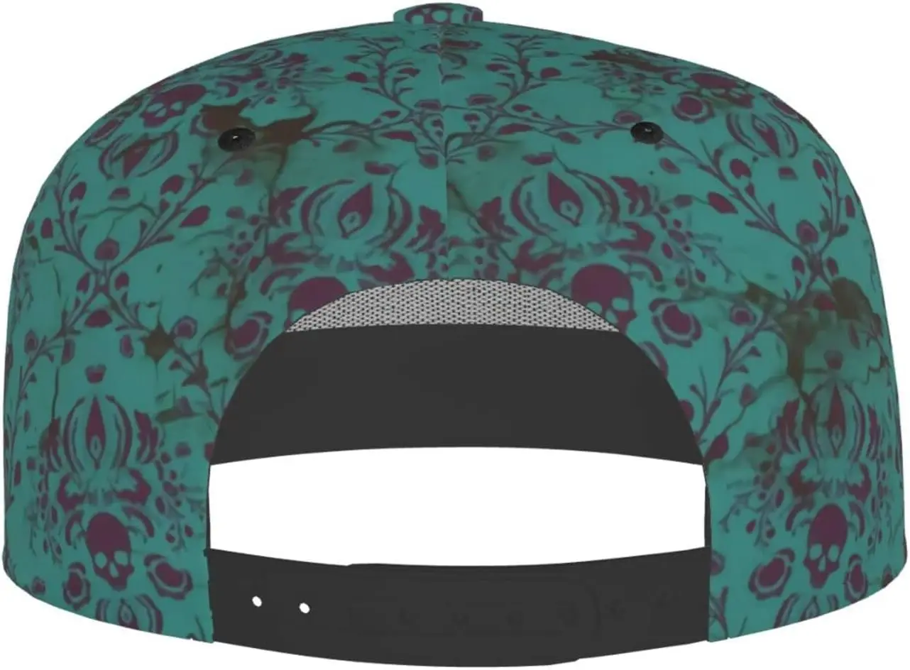 custom Damask Skull Distressed Flat Bill Hat, Unisex Snapback Baseball Cap Hip Hop Style Flat Visor Blank Adjustable Black