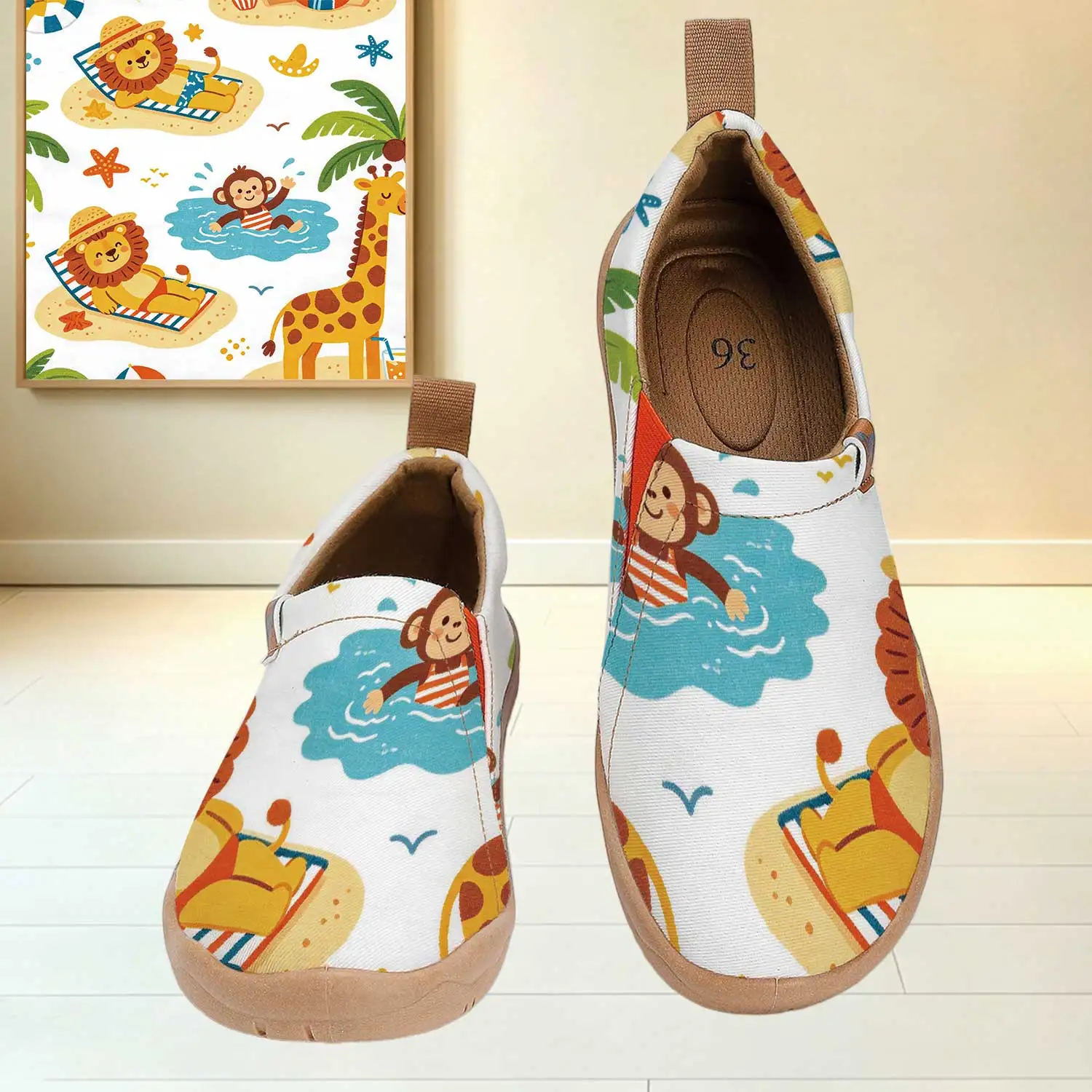 Women's Wide Toe Box Summer Beach Cartoon Animal Print Slip‑On Shoes, Soft Sole Breathable Canvas Casual Walking Flats