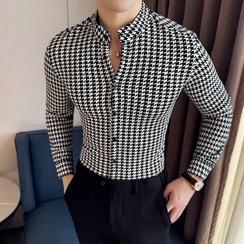 High-quality Houndstooth Shirts for Men 2024 Spring High Elasticity Slim Casual Shirt Brand Men Clothing Social Party Streetwear