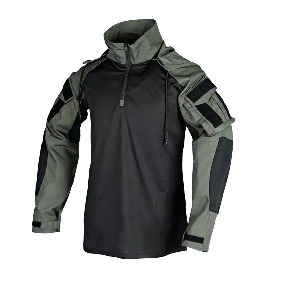 Men's Camouflage Shirt Long Sleeve Stand-up Collar Top 1/4 Zip Combat T-Shirt Camo Uniform with Hood for Airsoft Hunting Hiking