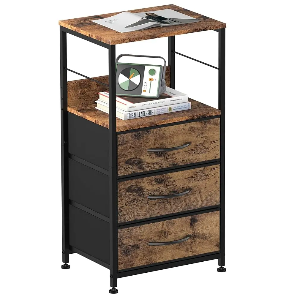 

Nightstand With Drawers, Bedroom Side Table Night Stand With Storage Shelf End Table With Fabric Storage Industrial Bedside