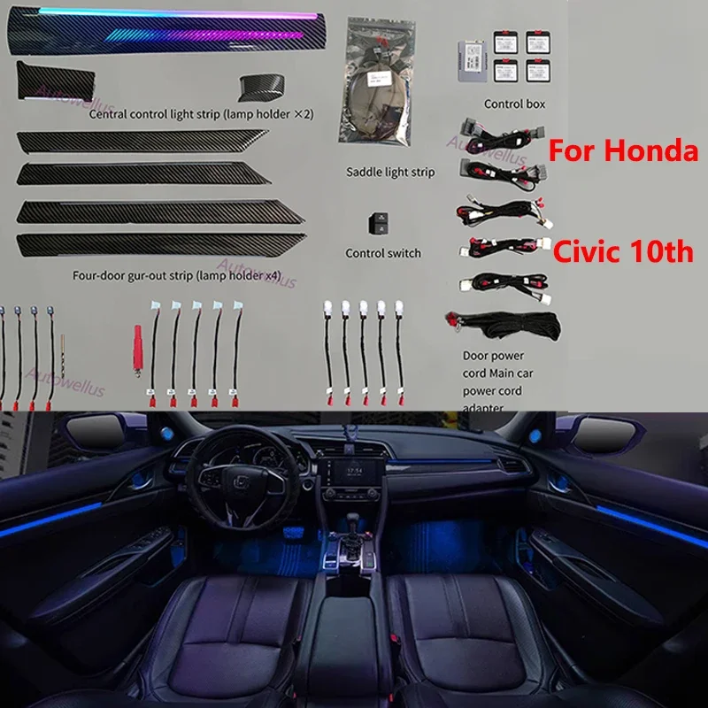 

Светодиодный внутреннее окружающее освещение автомобиля для Honda Civic 10 Th 2016-2021, динамическое освещение, кнопка атмосферной лампы + управление через приложение