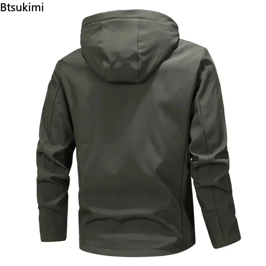 2025 Spring Autumn Men's Hooded Pocket Jackets Outdoor Sports Casual Waterproof Coats Men Hiking Camping Windbreaker Jackets 7XL
