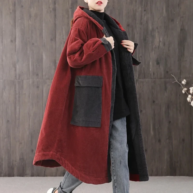 Women's Corduroy Parkas Jacket Women Winter Fleece Coat Thicken Windbreaker Hooded Jacket Long Loose Size Lady Overcoat