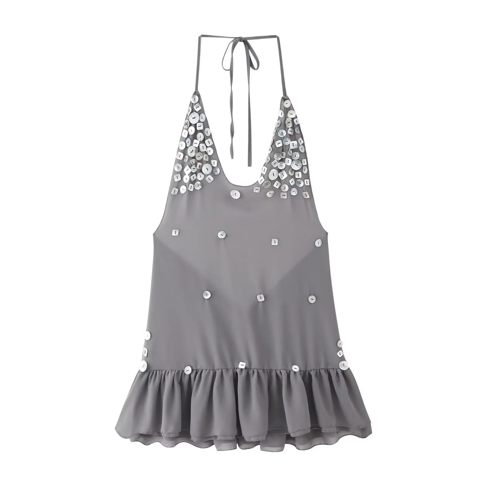 Vestidos cortos sexis de lentejuelas para mujer, vestido con cuello en V y cuello Halter con cordones y dobladillo con volantes y espalda descubierta para mujer, bata de fiesta de noche para discoteca de verano 2025