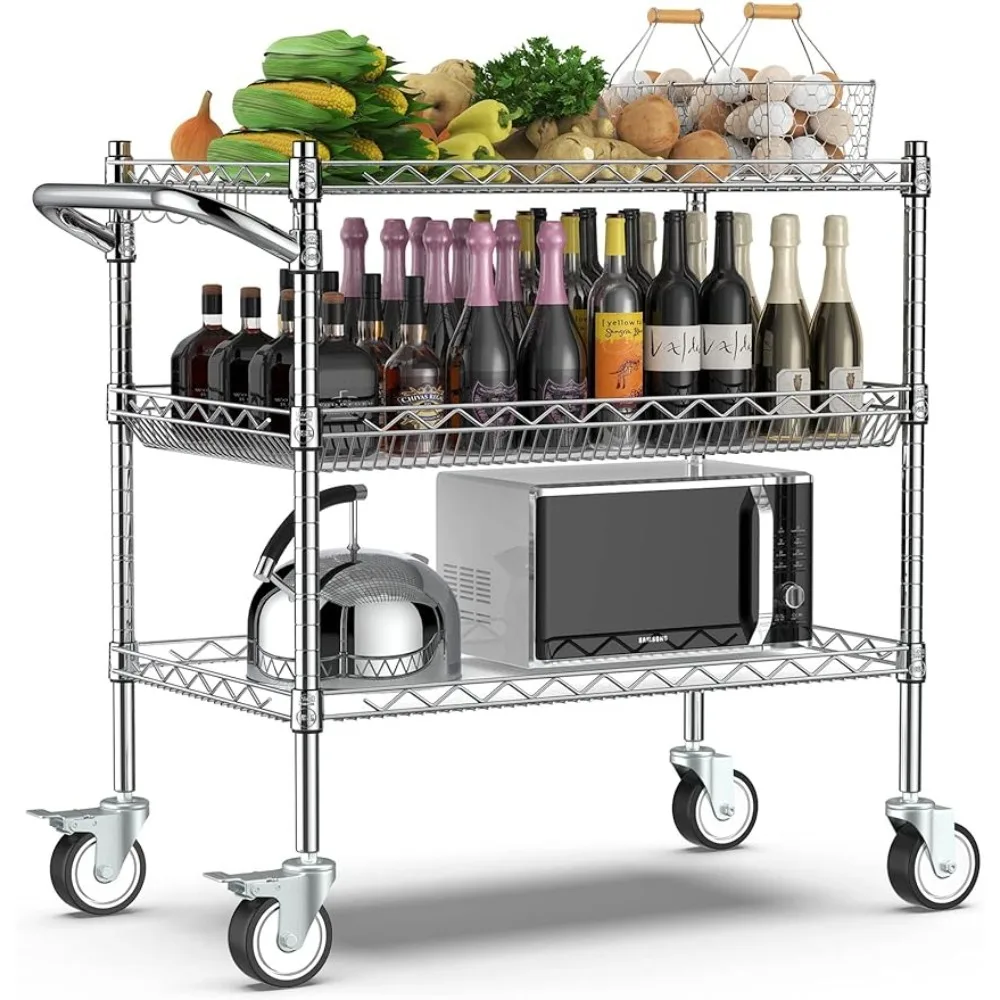 

Heavy Duty 3 Tier Rolling Utility Cart,NSF Certified 990Lbs Capacity Rolling Carts with Wheels,Commercial Grade Metal Cart