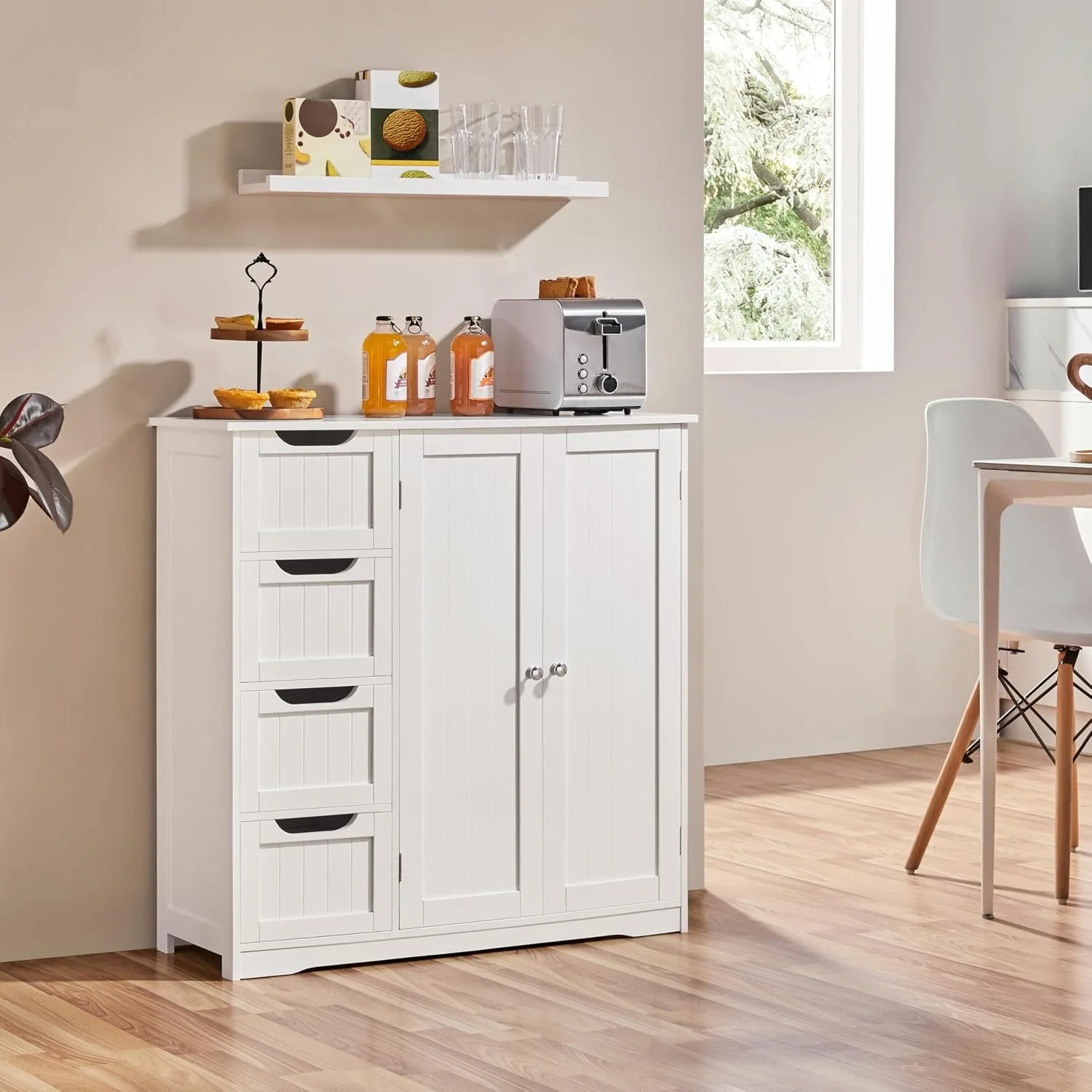 Wooden Bathroom Floor Cabinet, Side Storage Organizer Cabinet with 4 Drawers & Double Doors, Customized view 4