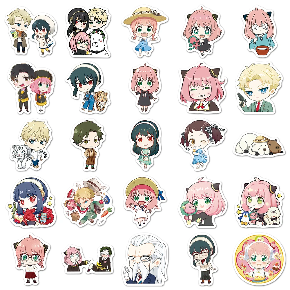 Pegatinas divertidas de Anime japonés SPY×FAMILY, calcomanías de dibujos animados, monopatín, equipaje, teléfono, pegatina de Manga clásica, embalaje, 10/30/50 Uds.