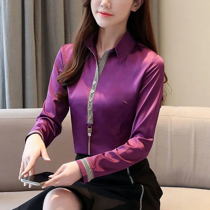 Spring Autumn New Chiffon Office Blouse Long Sleeve Polo Neck All-match Plus Size Shirt Tops Elegant Vintage Women Clothing