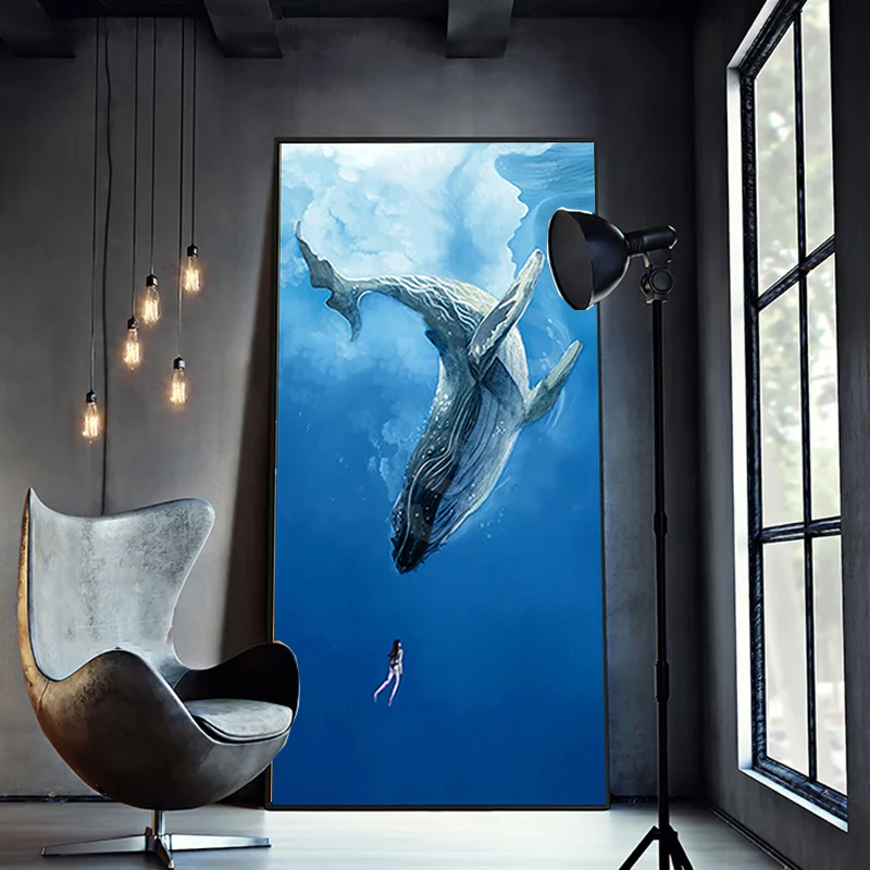 Full Round Diamond Painting Modern Wall Art Canvas Animal Ocean Fish Whale And Girl Painting Wall Picture For Living Room Decor