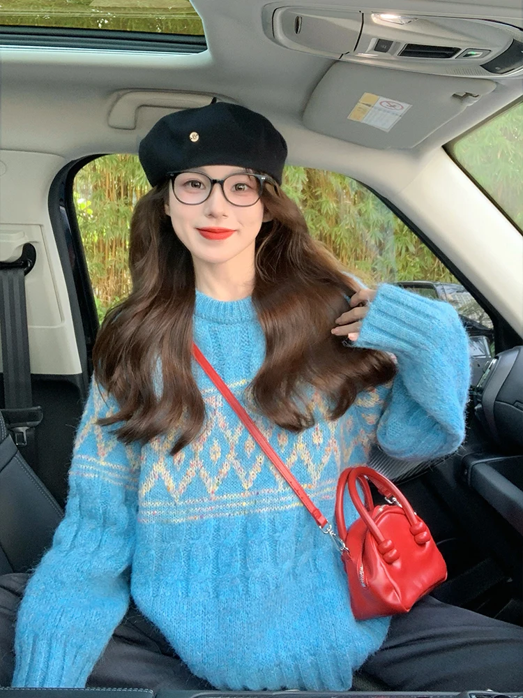 ヴィンテージブルーケーブルニットセーター女性韓国秋冬肥厚モヘアアーガイルプルオーバークルーネックコントラストジャカードニットトップ
