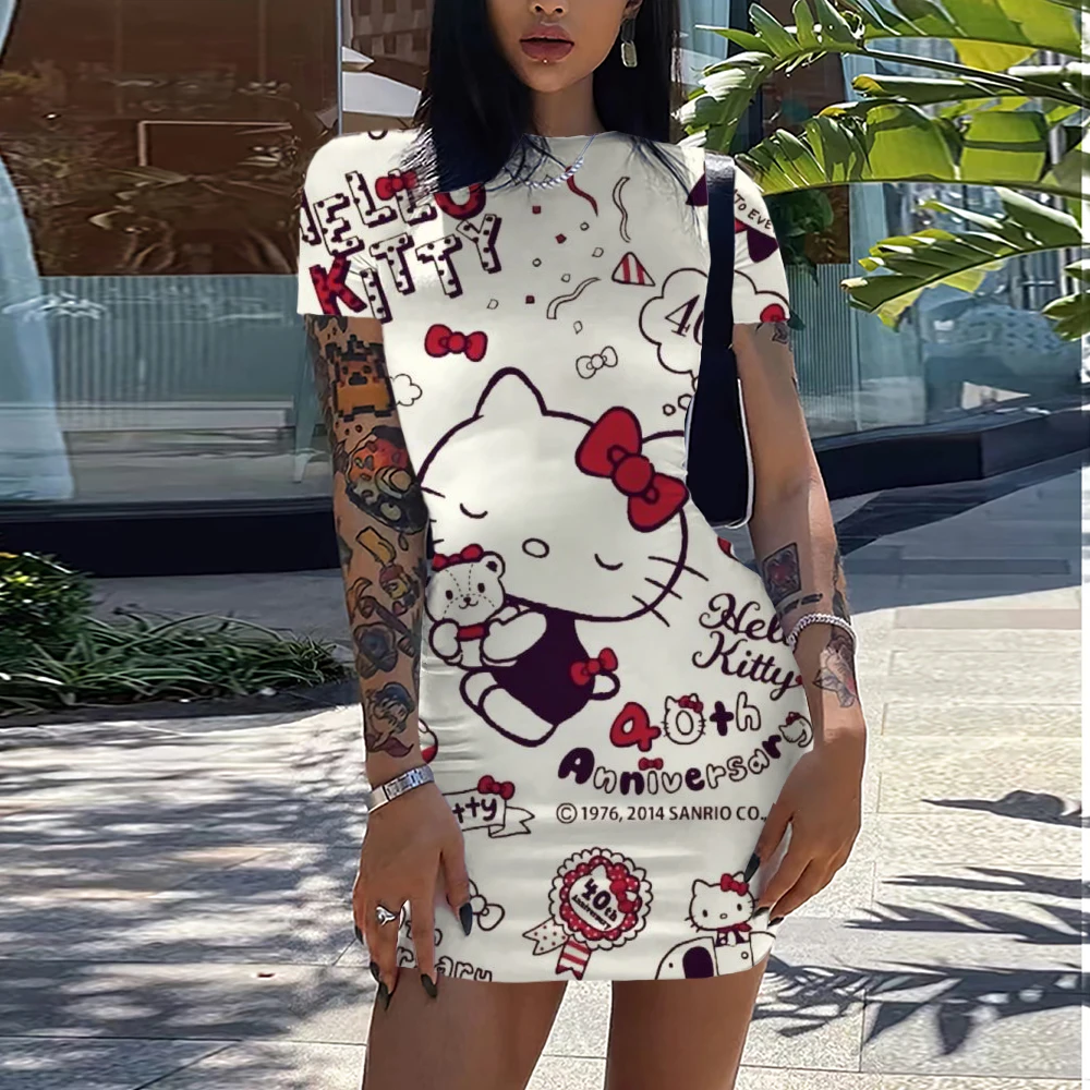 4XL 5XL LW Plus Size Round Neck Bodycon Long Dress Summer Women Elegant Hello Kitty 3D Printed Short Sleeve Bodycon A line Dress