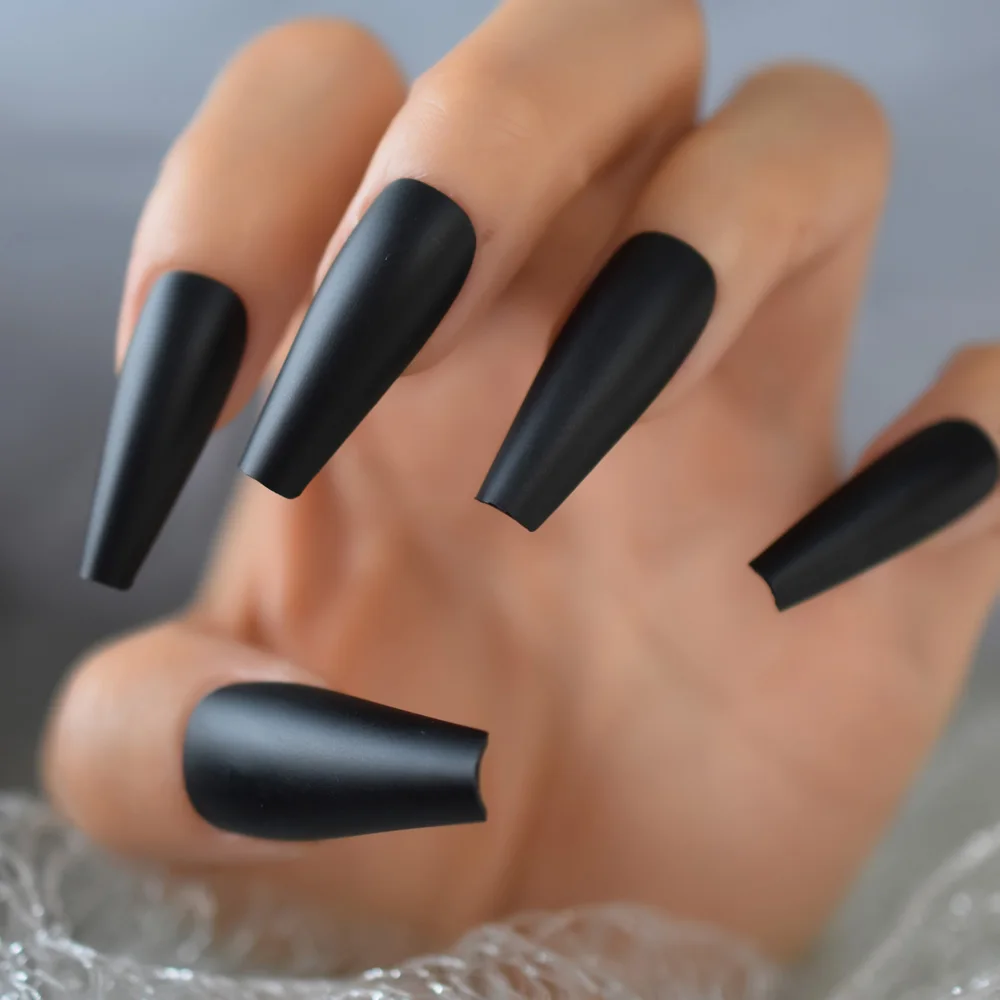 Solid Black Super Long Fake Nail Coffin Matte Press on Nails Frosted Ballerina Acryl Falsche Nägel Tipps Cosplay Party Salon Lady