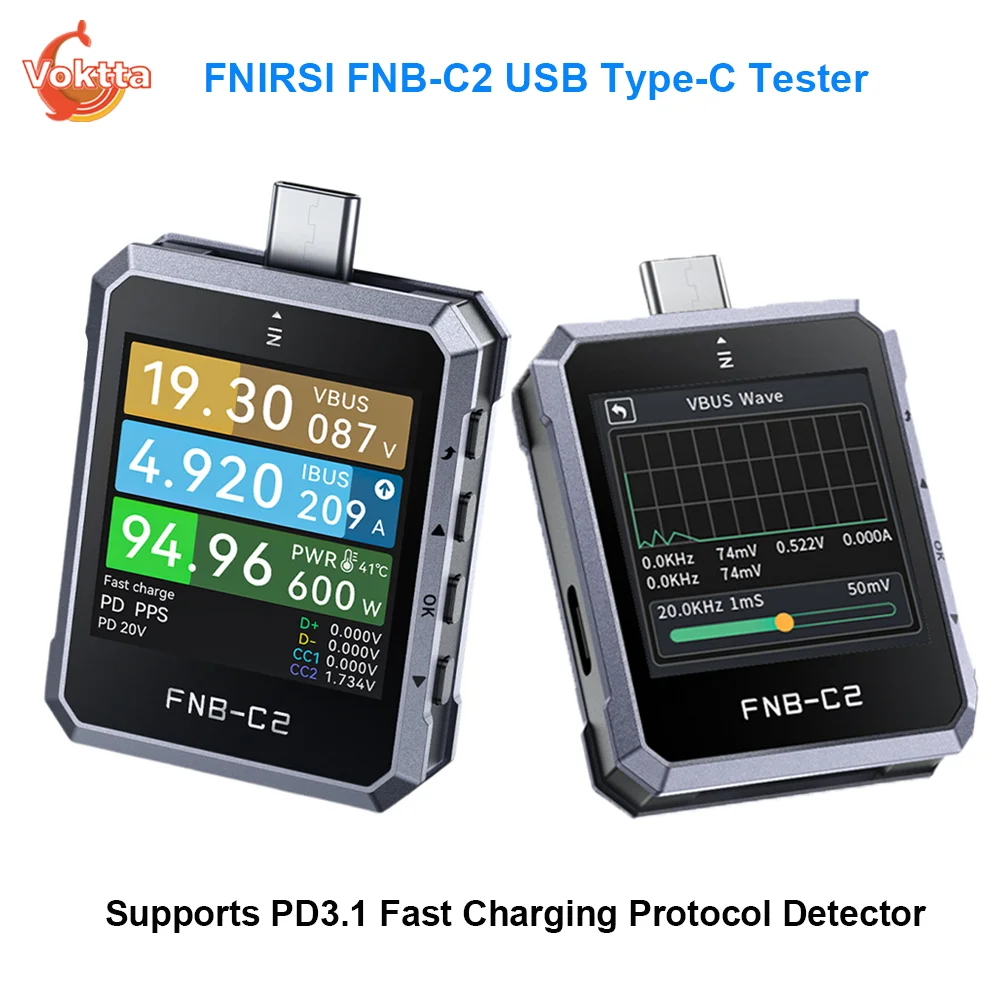 

FNIRSI FNB-C2 USB Type-C тестер с ЖК-дисплеем, цифровой вольтметр, монитор тока и напряжения, измеритель мощности, детектор протокола быстрой зарядки PD3.1