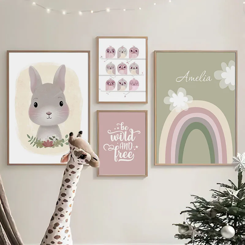 Rabbit Rainbow Flower Bird Cartoon Nursery Wall Art Canvas Painting Nordic Posters And Prints Pictures For Baby Kids Room Dec