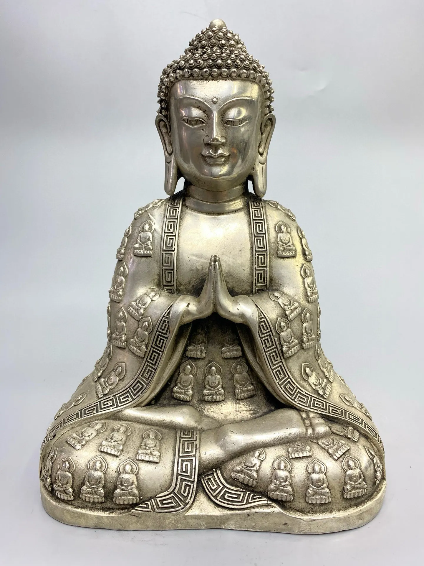 Old Bronze Gilded Silver Buddha patterned robe Amitabha Buddha Shakyamuni  sitting Buddha Worship Hall Town house