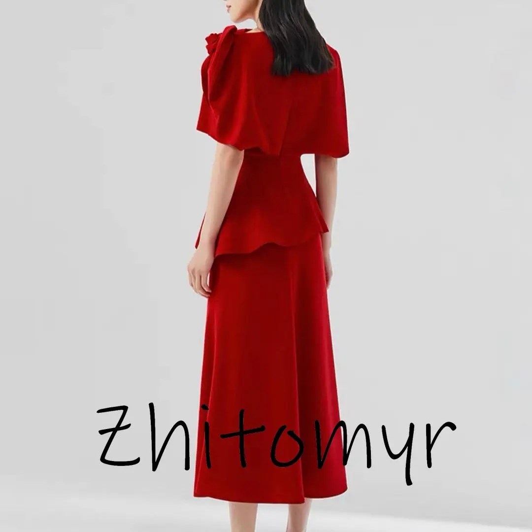 Yipeisha Exquisite Simple A-line Prom Dress Crew Neckline Pleat Evening Party Gowns Tea-Length Red elegant Formal Porm Dresses