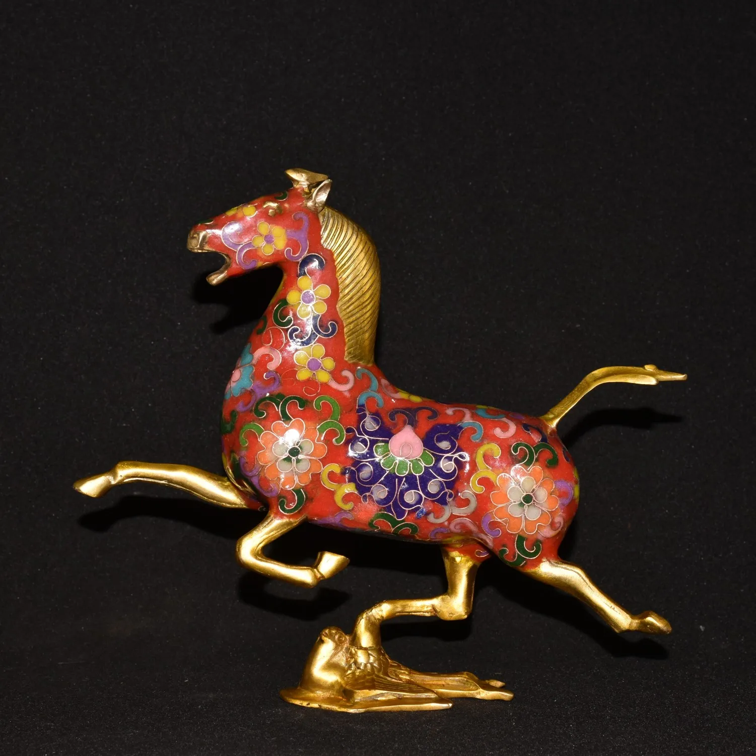 

9"Tibetan Temple Collection Old Bronze Cloisonne Enamel Flower Texture Horse Treading on Flying Swallow Statue Town house