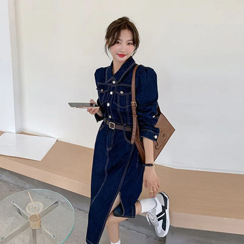 

French Retro Side Slit Dress Women, New Autumn Winter High Waist Elegant Long Sleeve Midi Dress