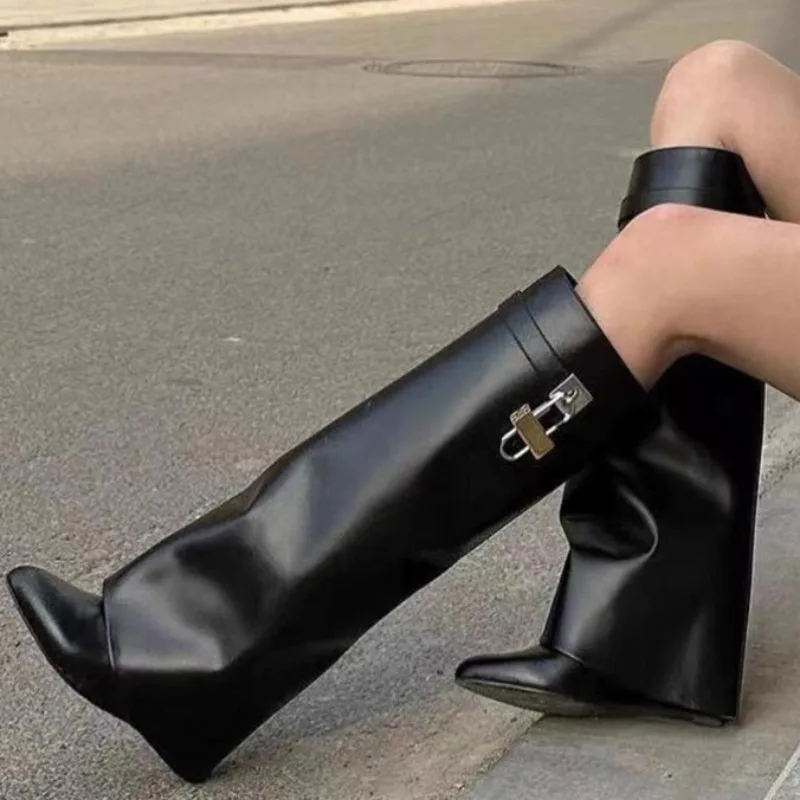 

2025 New Sexy Pointed High Boots Casual Solid Color PU Waterproof Boots High Quality Outdoor Comfortable One-step Mid-calf Boots