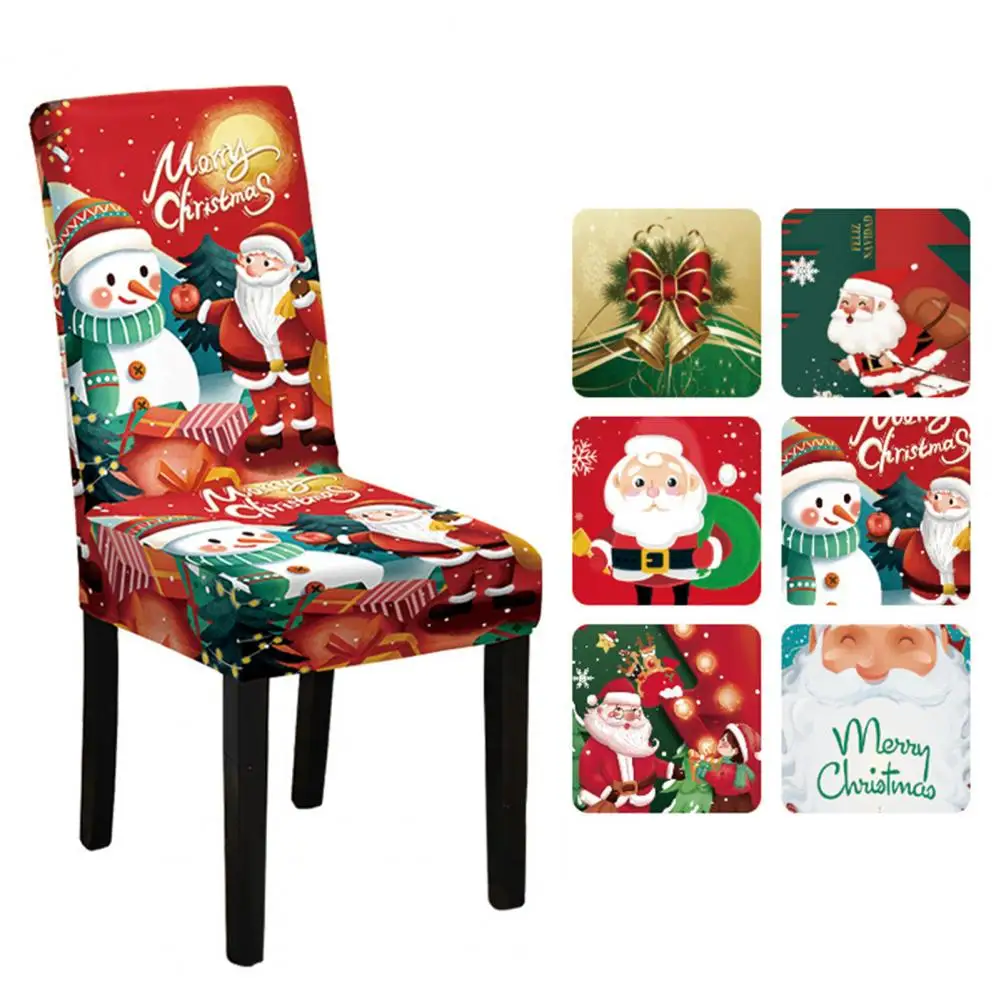 Christmas Chair Cover Dustproof Cartoon Santa Snowman Print Stretchable Fabric New Year Party Decor Chair Protective Sleeves