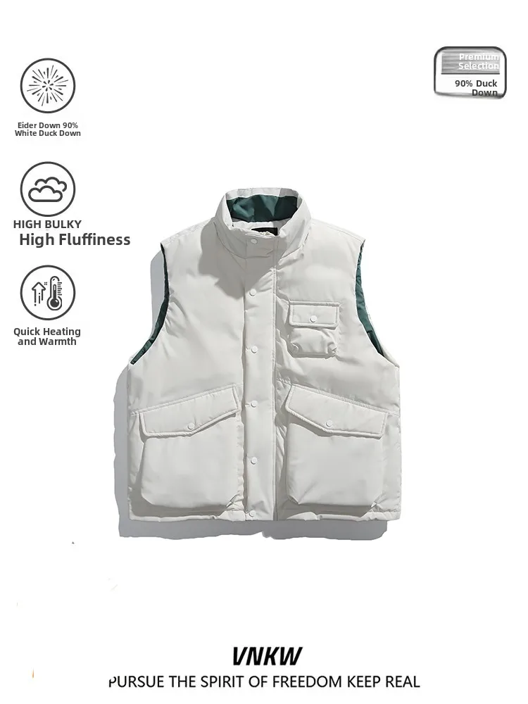 

Retro American Sle Men's Quilted down Vest with Stand Collar And Multiple kets Warm Du down Jaet for Winter