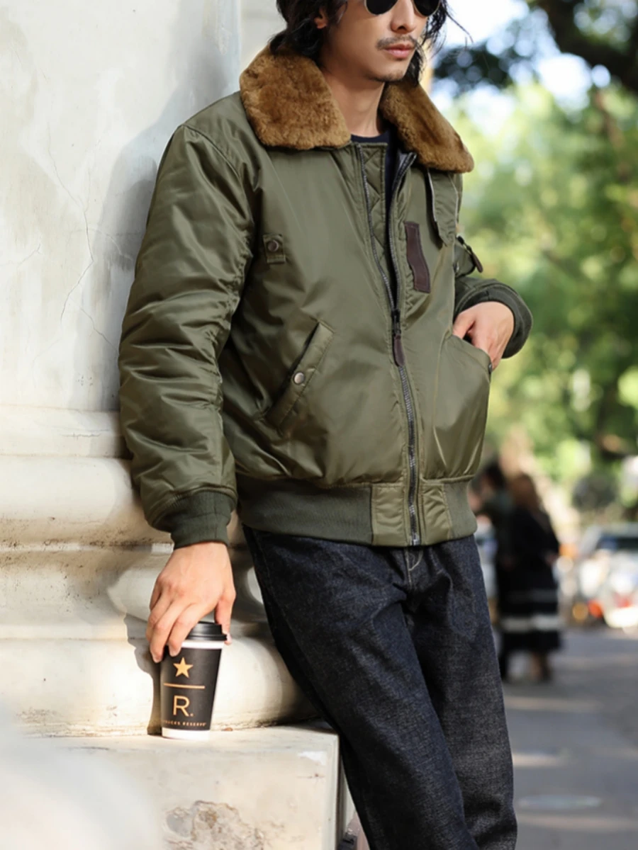 B-15 Bomber Jacket for Men Detachable Wool Collar Oversize Thicken