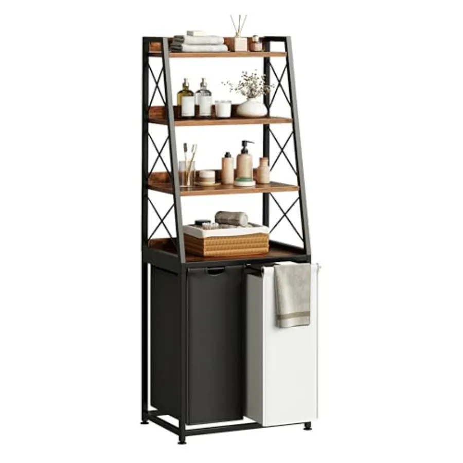 Laundry Basket for Bedroom and Bathroom, Woven Rattan, Rustic Brown, 2-Section with 4-Tier Shelf and Pull-Out Removable Bags, 2