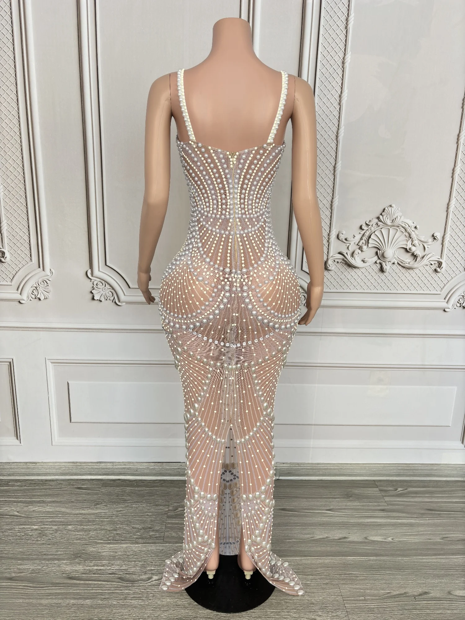 

Shanhuhai Womens Luxury Pearl Rhinestone Mermaid Maxi Dress Spaghetti Strap Sheer Mesh Bodycon Formal Evening Party Prom Gown