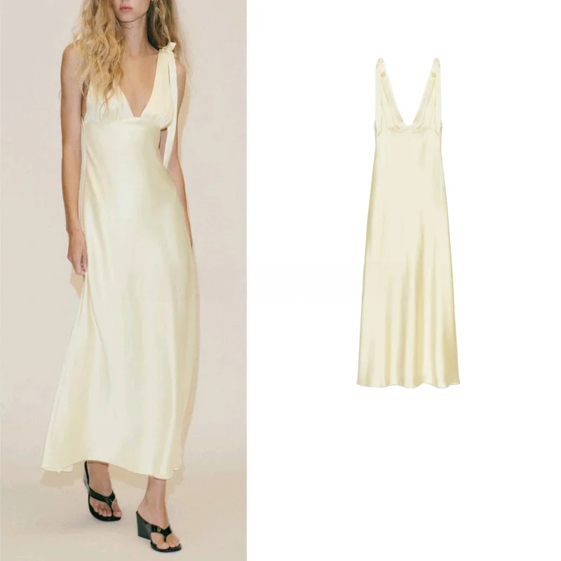 وصل حديثًا فستان نسائي صيفي بتصميم بسيط ورقبة على شكل حرف v وعقدة على شكل فراشة من الحرير الساتان ملمس متوسط ​​الطول غير رسمي...