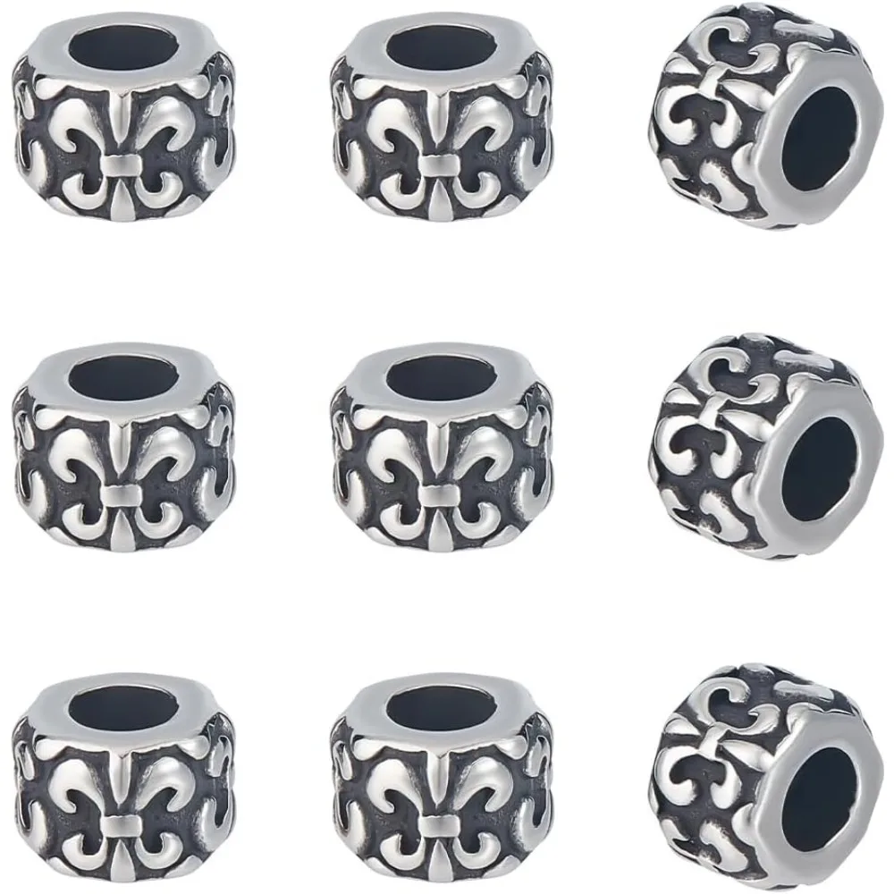 10Pcs Paracord Bead Stainless Steel European Beads Antique Silver Tibetan Style Metal Bead Column with Fleur De Lis Large Hole