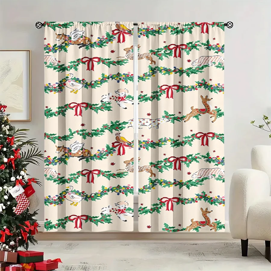 2PCS Christmas Winter Curtains, Pine Garland Bow Animal Deer Swan Beige, Digital Print, Bedroom Living Room, Home Decor