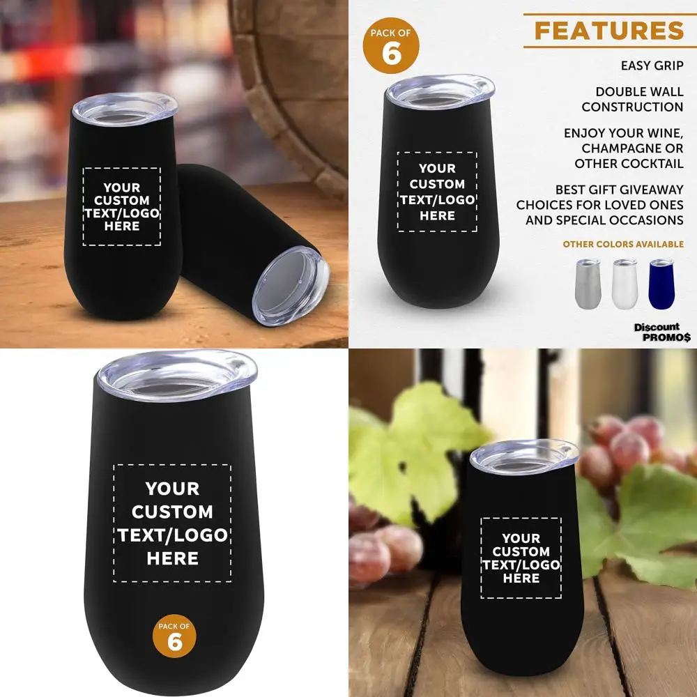 

Набор из 6 бокалов для вина без ножки из нержавеющей стали (9 унций) с крышками, идеально подходит для индивидуальных оптовых заказов – для вина, шампанского