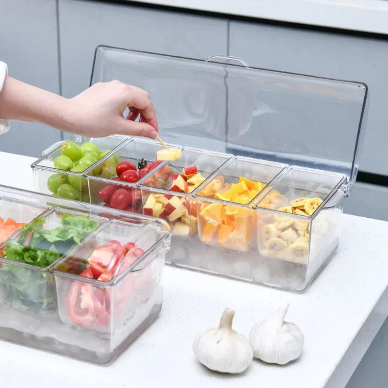 Kitchen Fruits Storage Box Condiment Tray Tableware Chilled Condiment Server Bar Accessories with Removable Trays and Lid